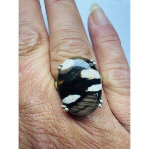 Estate Sterling Silver 925 Ring Fossil Coral Oval Cabochon Size 9, 6.7g TGGC Mar